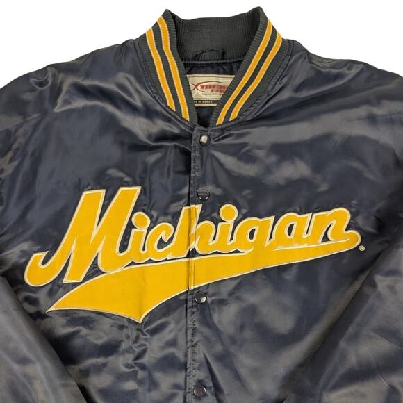 Vintage Michigan University Satin Bomber Jacket Script Wolverines U of M Size XL - Picture 3 of 8